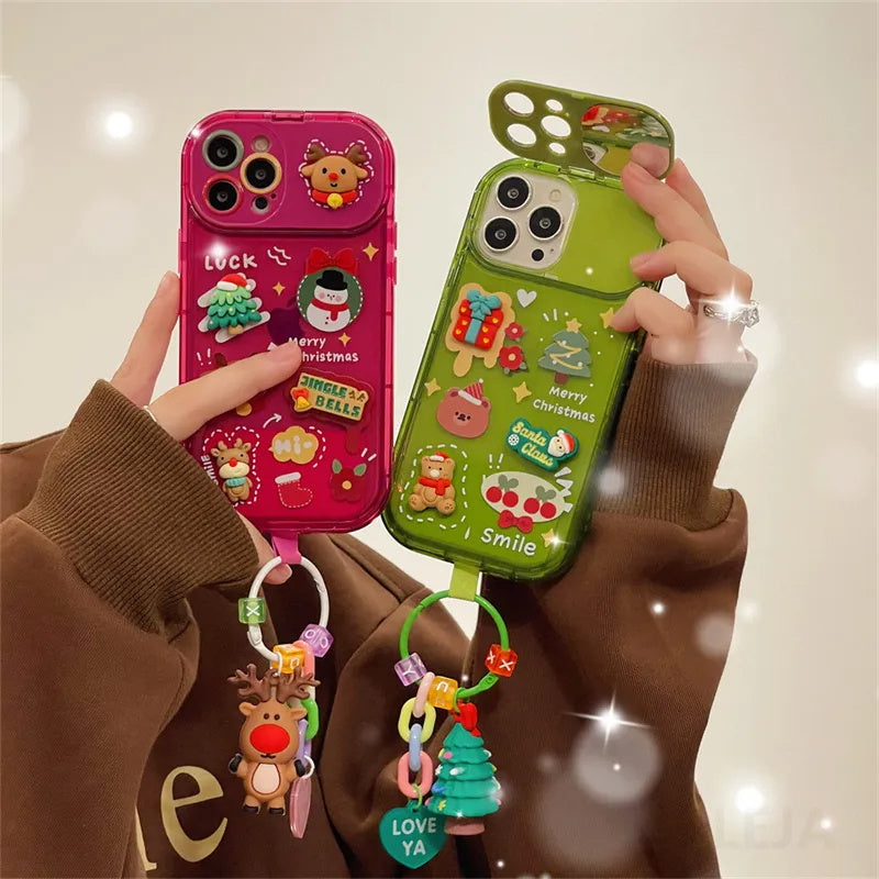 Xmas Santa Claus Cute Elk Hat Pendant Flip Christmas Phone Case For I