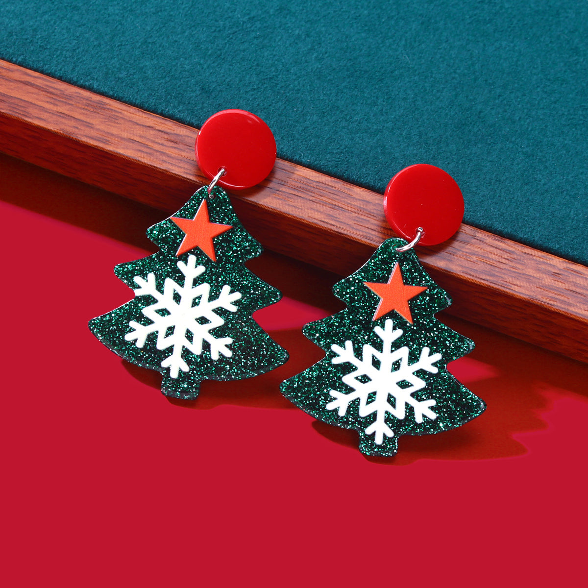 Green Christmas Tree with Star Snowflake Acrylic Stud Earrings