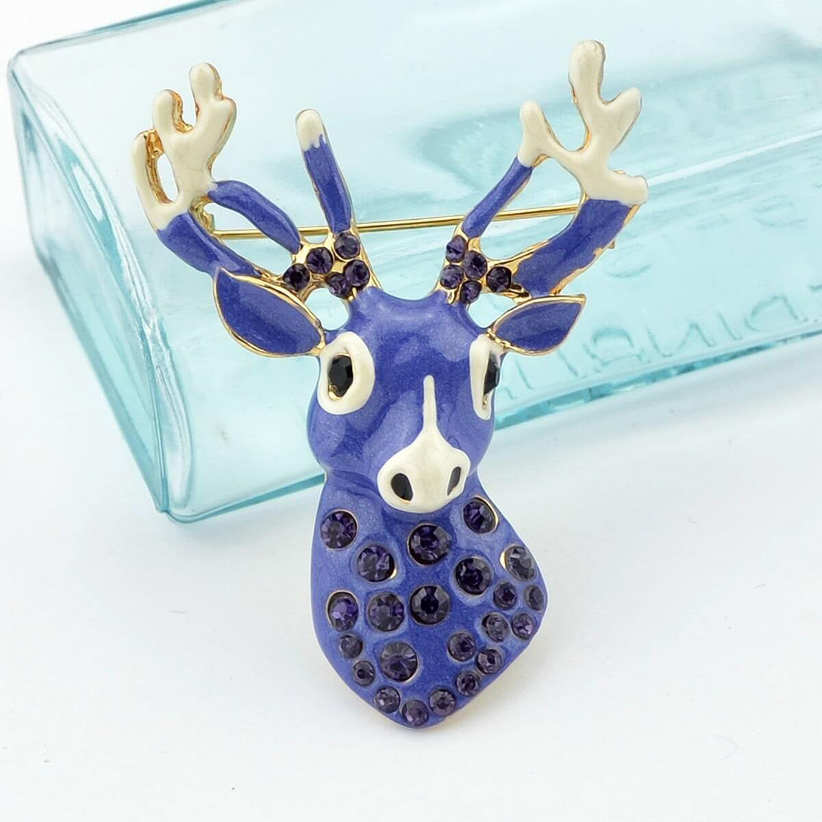 Delicate Xmas Jewellery Rhinestone Reindeer Brooch Purple Deer Head