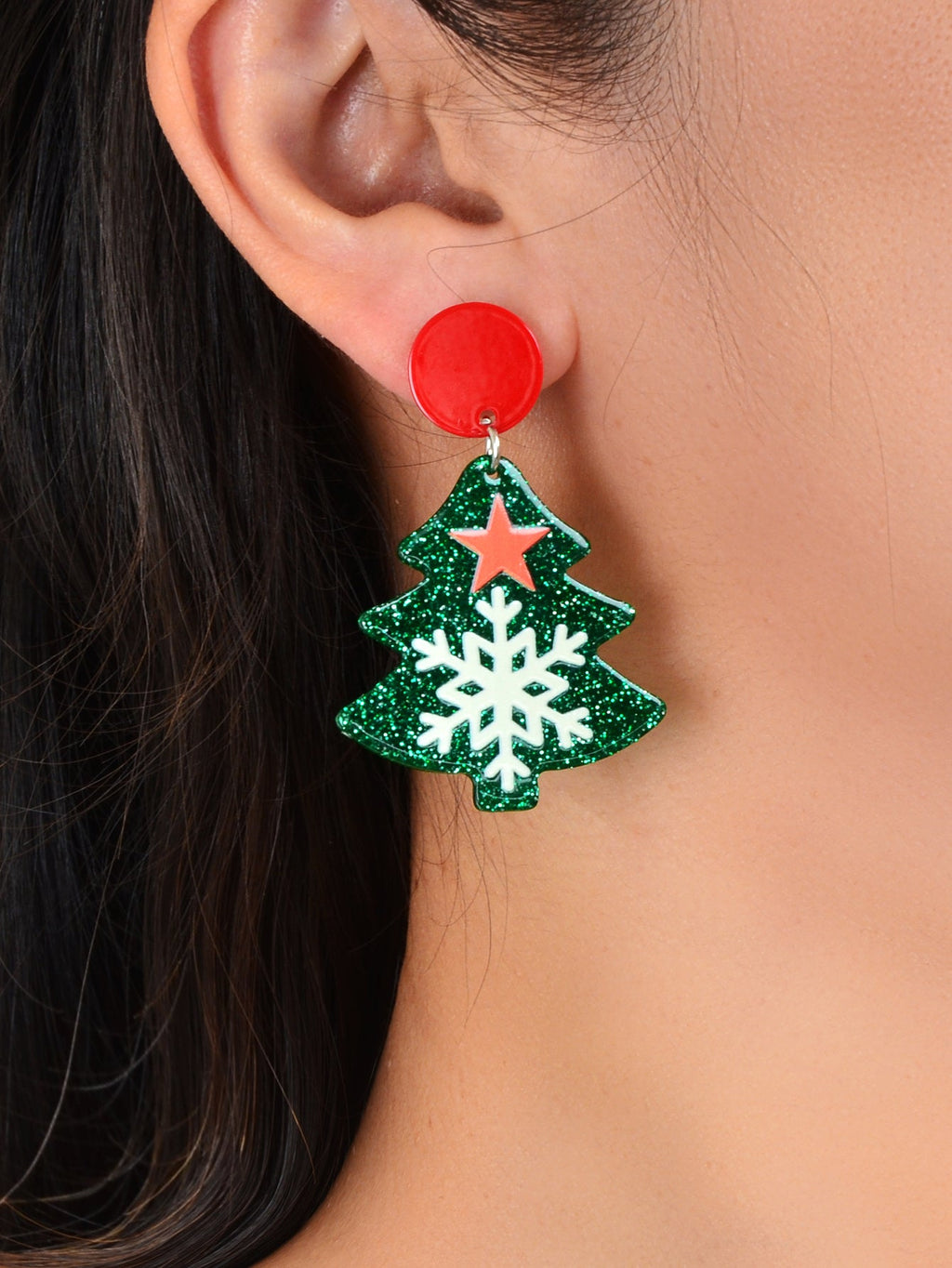 Green Christmas Tree with Star Snowflake Acrylic Stud Earrings