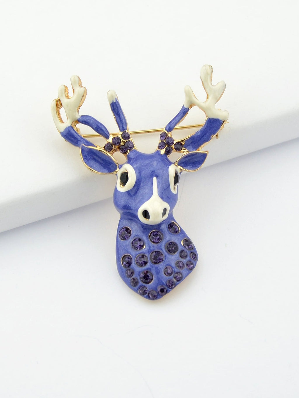 Delicate Xmas Jewellery Rhinestone Reindeer Brooch Purple Deer Head