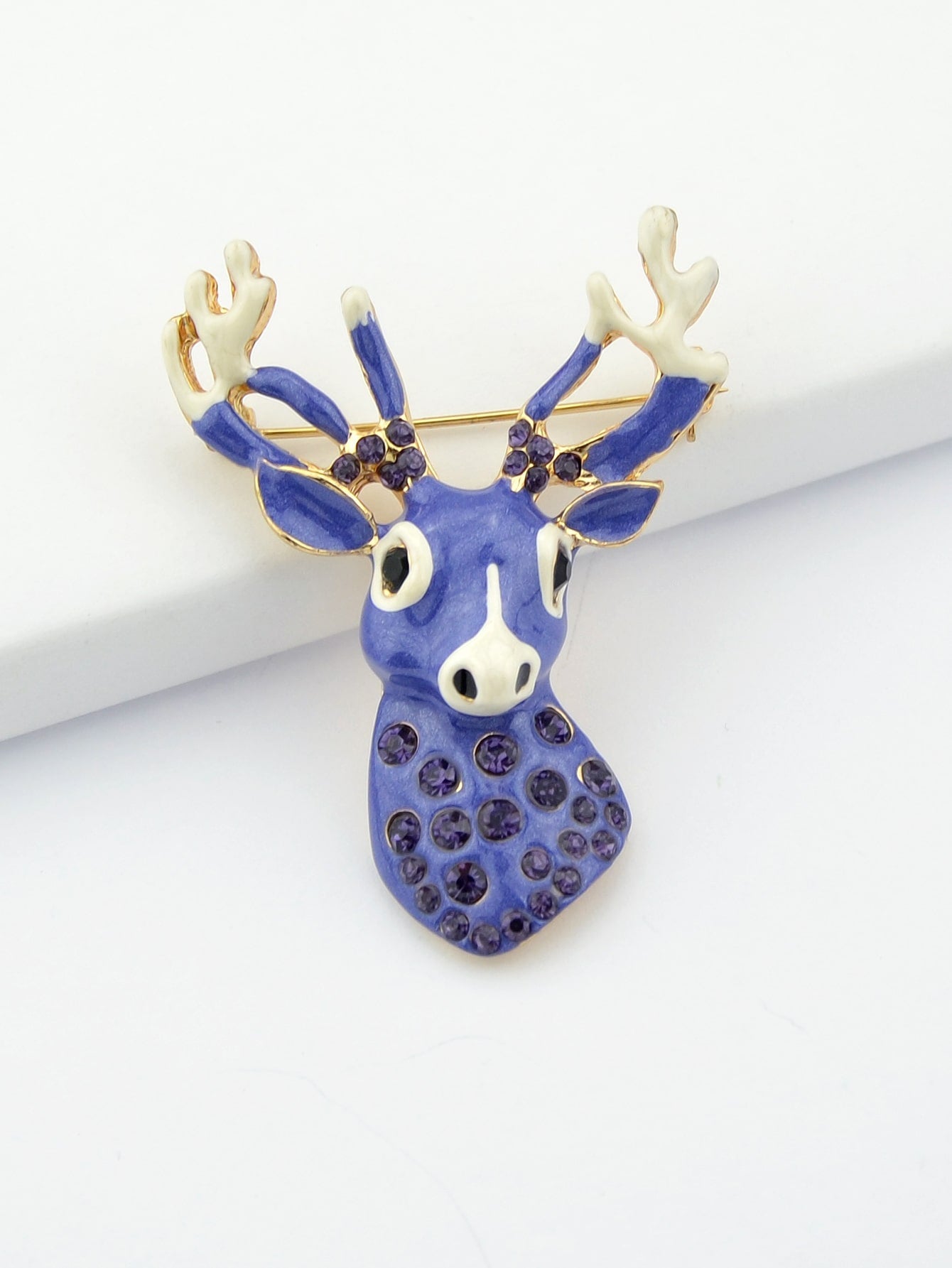 Delicate Xmas Jewellery Rhinestone Reindeer Brooch Purple Deer Head