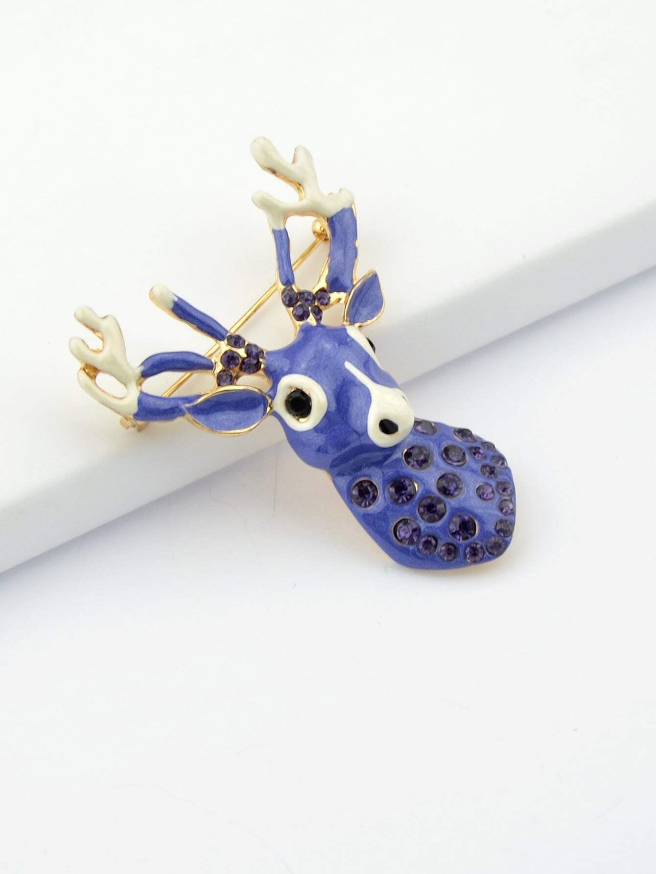 Delicate Xmas Jewellery Rhinestone Reindeer Brooch Purple Deer Head