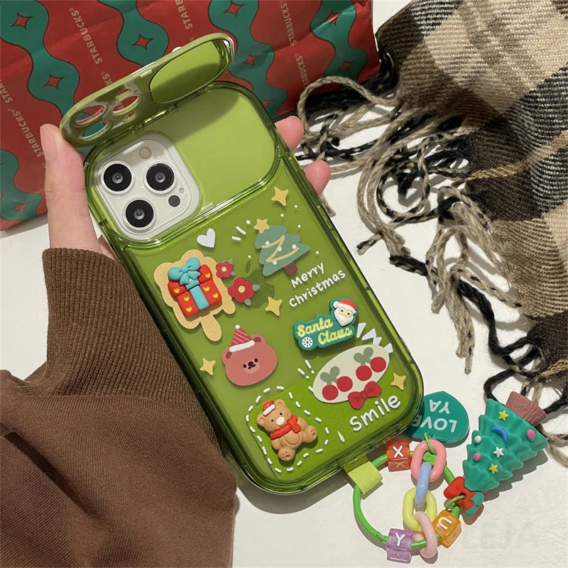 Xmas Santa Claus Cute Elk Hat Pendant Flip Christmas Phone Case For I