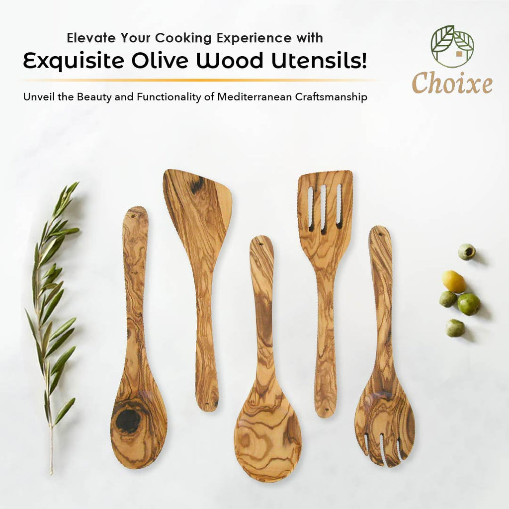 Olive Wood Kitchen Servers Set – 5-Piece Utensil Collection