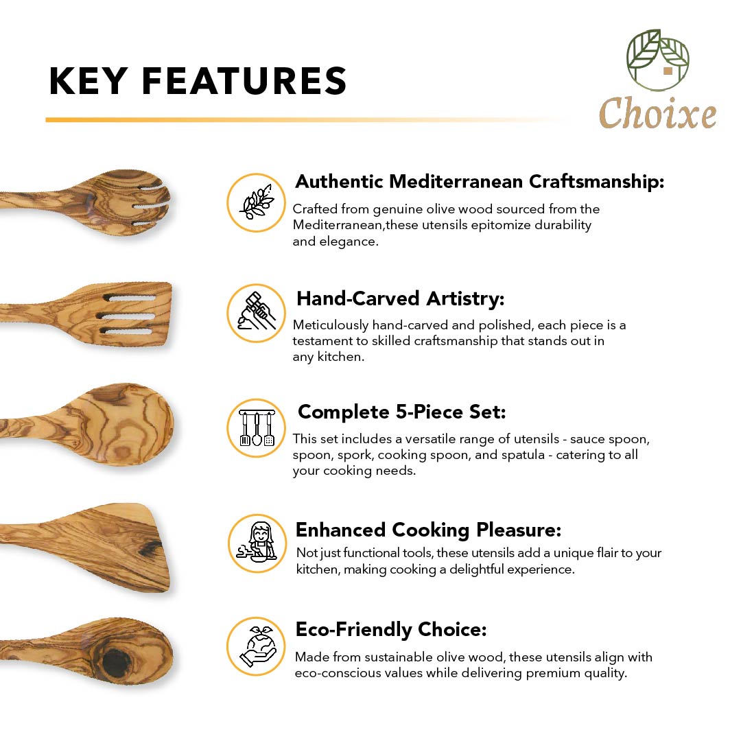 Olive Wood Kitchen Servers Set – 5-Piece Utensil Collection