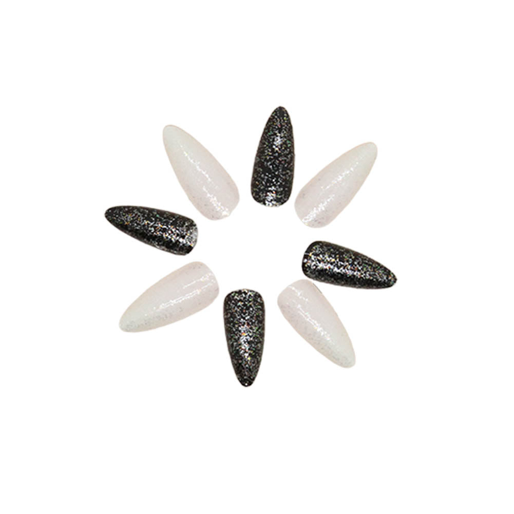 Black & White Shimmer Press-On Nails Kit - Reusable with Glue & Gel Stickers