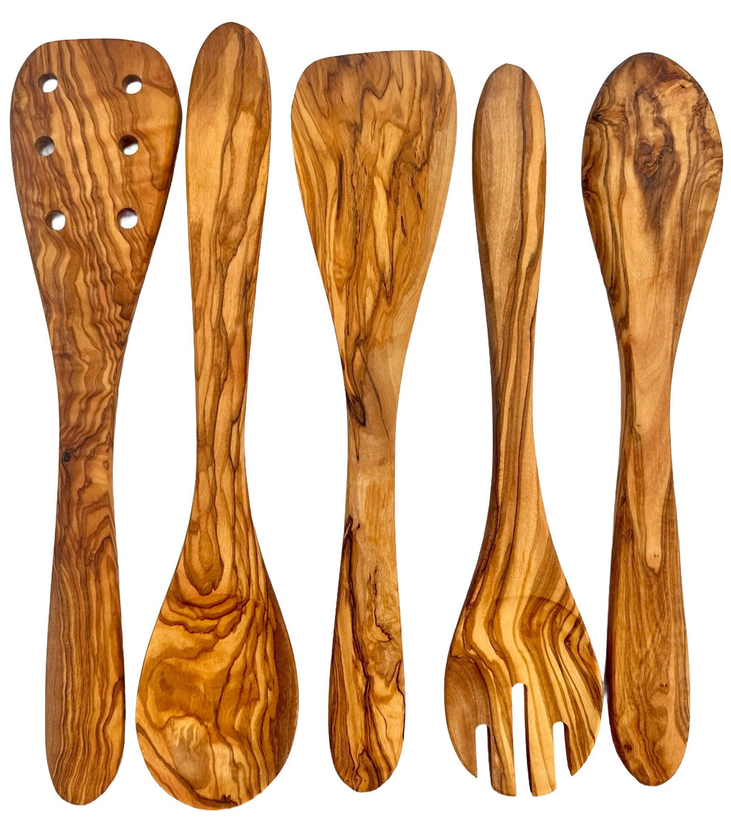 Olive Wood Kitchen Servers Set – 5-Piece Utensil Collection