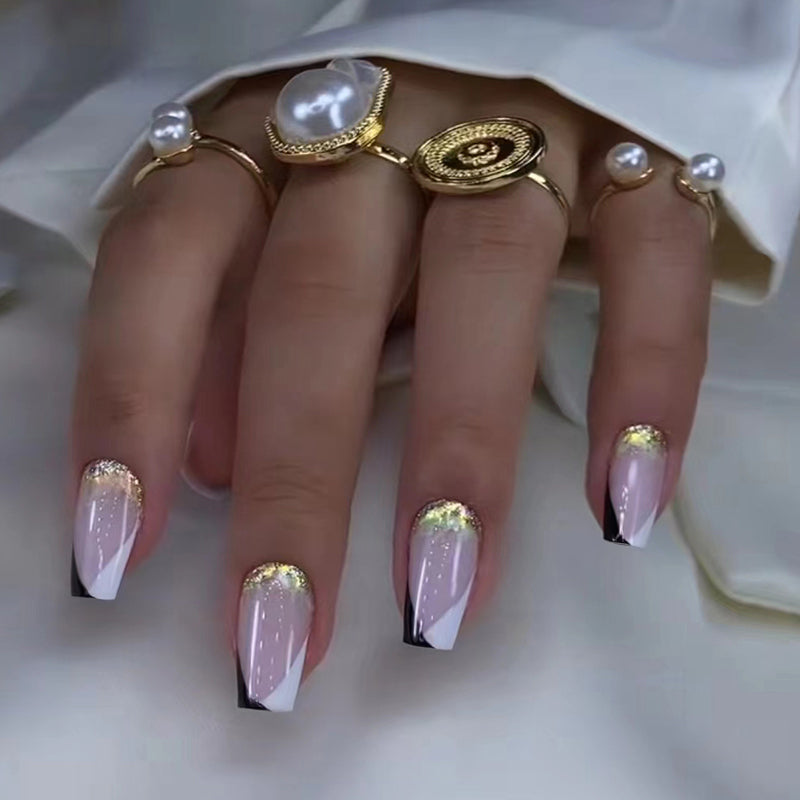 Gold Pink White Black French Tip Press-On Nails Kit - Reusable with Glue & Gel Stickers