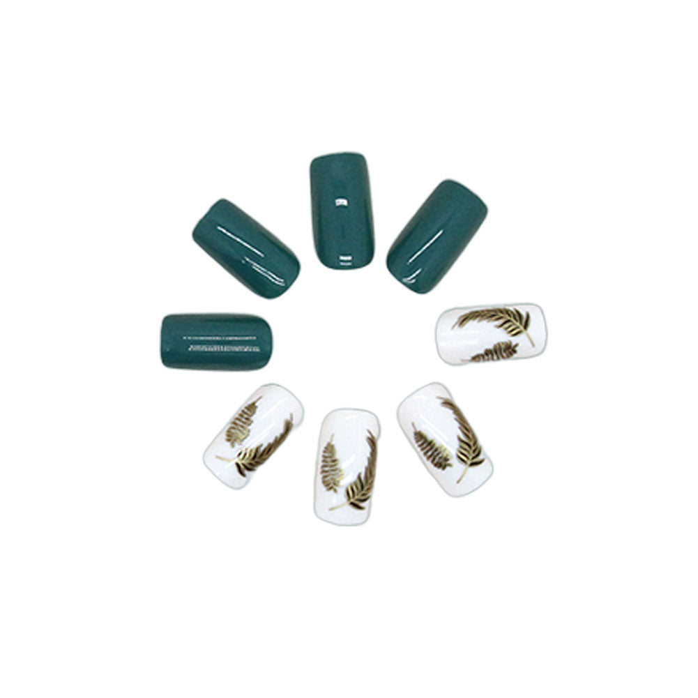 Green Blue White Leaf Design Press-On Nails Kit - Reusable with Glue & Gel Stickers