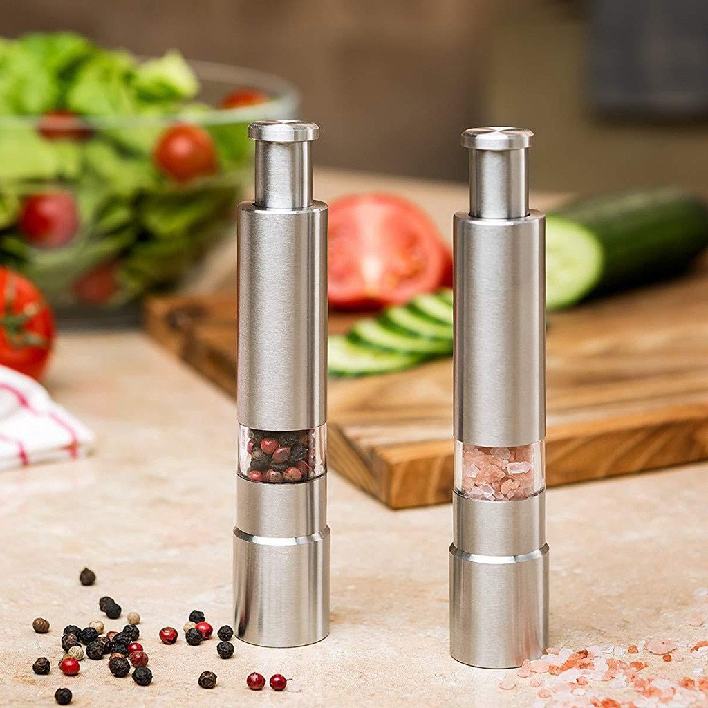 Stainless Steel Salt and Pepper Grinder - One-Handed Press Operation